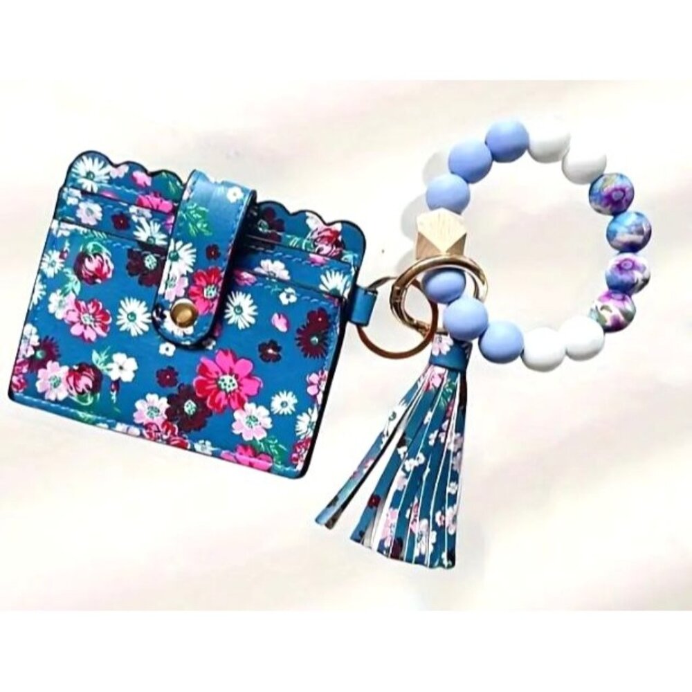 Floral & Beaded Keychain Wristlet Wallet‎ With Tassel NEW